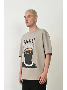 Erkek Baskılı T-shirt Kısa Kol Bisiklet Yaka Rahat Kalıp Tişört - Boyalı Gri
