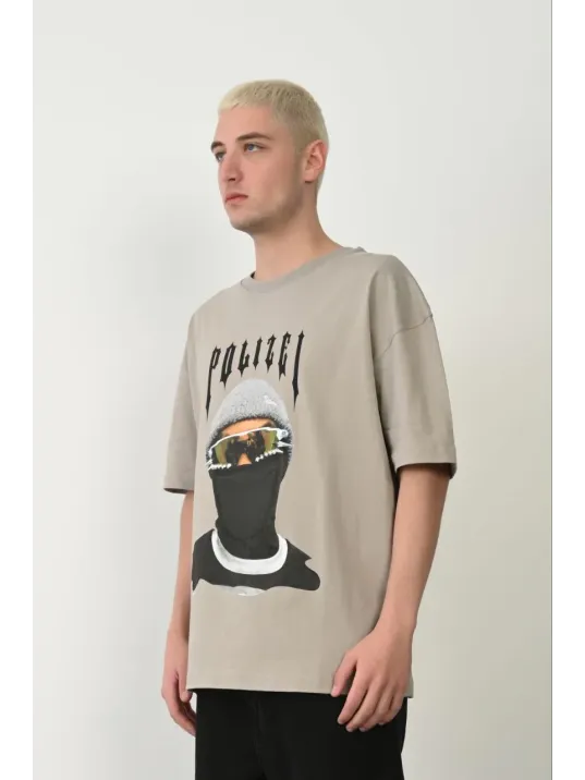 Erkek Baskılı T-shirt Kısa Kol Bisiklet Yaka Rahat Kalıp Tişört - Boyalı Gri