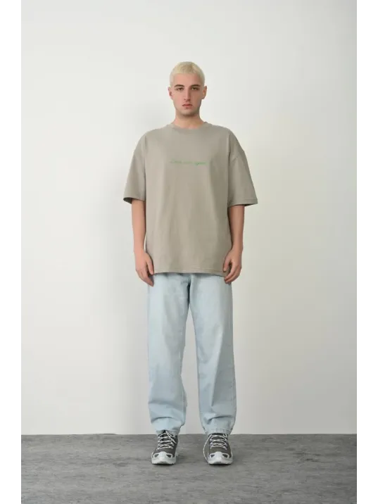 Erkek Baskılı T-shirt Kısa Kol Bisiklet Yaka Rahat Kalıp Tişört  - Boyalı Gri