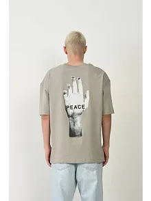 Erkek Baskılı T-shirt Kısa Kol Bisiklet Yaka Rahat Kalıp Tişört - Boyalı Gri