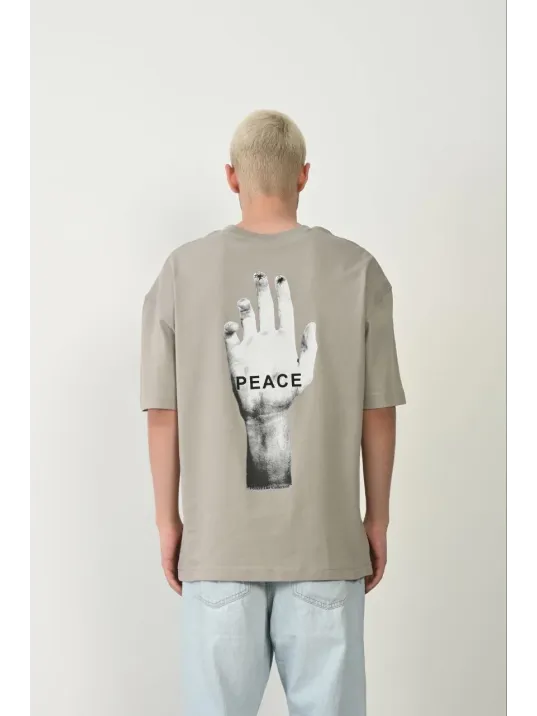 Erkek Baskılı T-shirt Kısa Kol Bisiklet Yaka Rahat Kalıp Tişört - Boyalı Gri