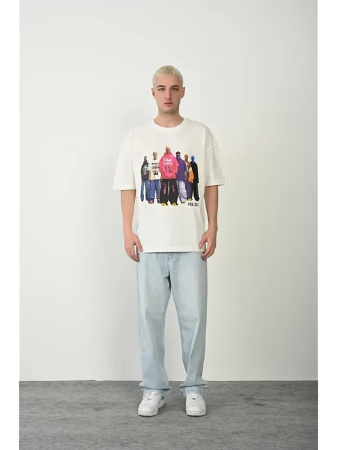 Erkek Baskılı T-shirt Kısa Kol Bisiklet Yaka Rahat Kalıp Tişört  - Beyaz