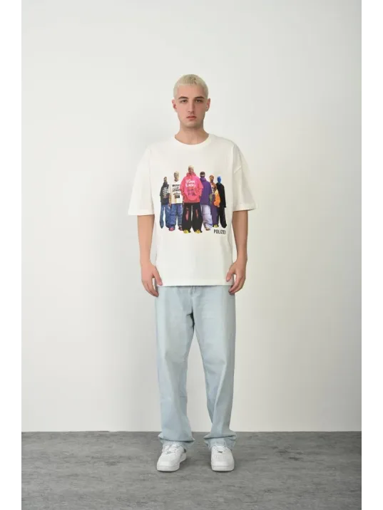 Erkek Baskılı T-shirt Kısa Kol Bisiklet Yaka Rahat Kalıp Tişört  - Beyaz