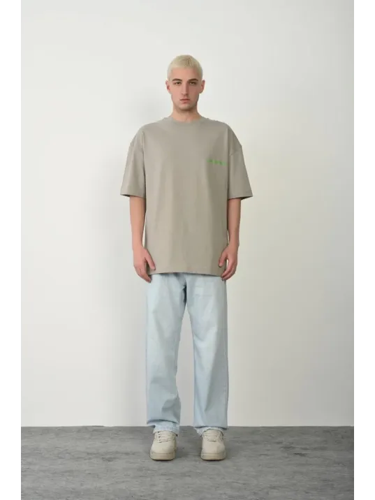 Erkek Baskılı T-shirt Kısa Kol Bisiklet Yaka Rahat Kalıp Tişört  - Boyalı Gri