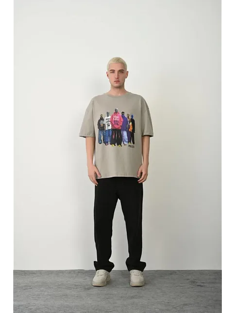 Erkek Baskılı T-shirt Kısa Kol Bisiklet Yaka Rahat Kalıp Tişört  - Boyalı Gri