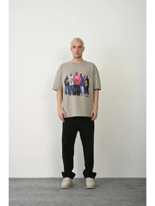 Erkek Baskılı T-shirt Kısa Kol Bisiklet Yaka Rahat Kalıp Tişört  - Boyalı Gri