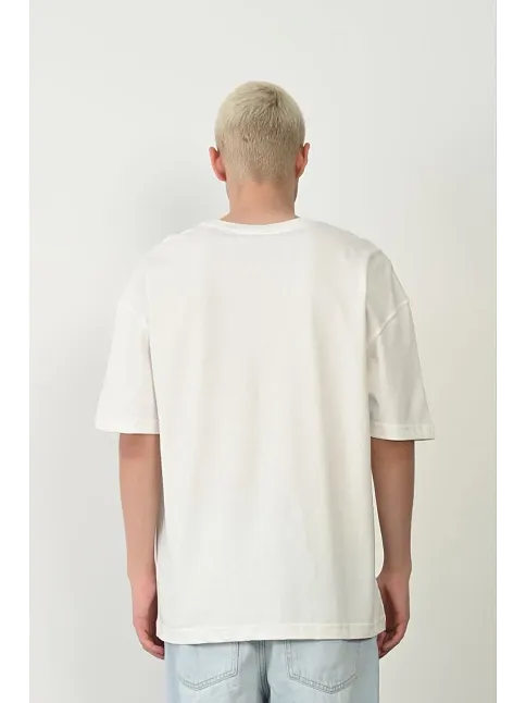Erkek Baskılı T-shirt Kısa Kol Bisiklet Yaka Rahat Kalıp Tişört  - Beyaz
