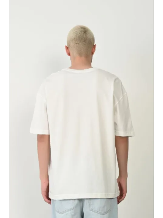 Erkek Baskılı T-shirt Kısa Kol Bisiklet Yaka Rahat Kalıp Tişört  - Beyaz