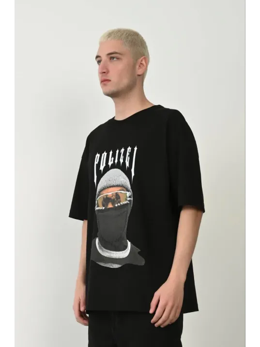 Erkek Baskılı T-shirt Kısa Kol Bisiklet Yaka Rahat Kalıp Tişört  - Siyah