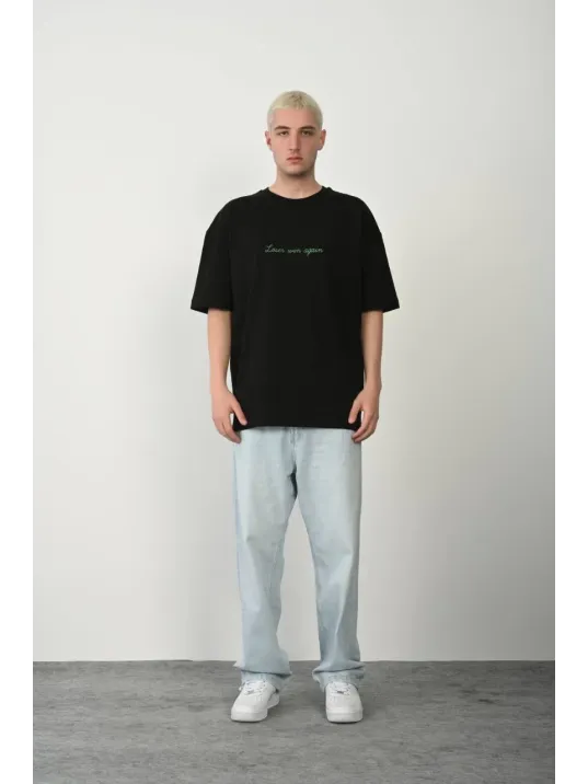 Erkek Baskılı T-shirt Kısa Kol Bisiklet Yaka Rahat Kalıp Tişört  - Siyah