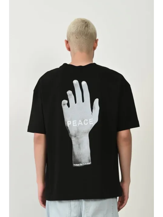 Erkek Baskılı T-shirt Kısa Kol Bisiklet Yaka Rahat Kalıp Tişört - Siyah