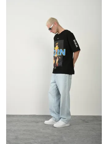 Unisex Baskılı Bisiklet Yaka Oversize T-Shirt - Siyah Unisex Baskılı Bisiklet Yaka Oversize T-Shirt - Siyah