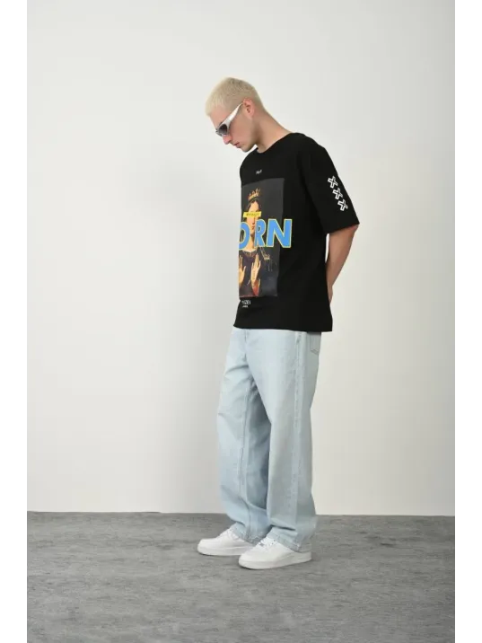 Unisex Baskılı Bisiklet Yaka Oversize T-Shirt - Siyah Unisex Baskılı Bisiklet Yaka Oversize T-Shirt - Siyah