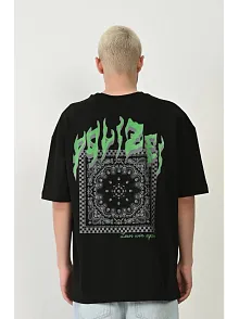 Erkek Baskılı T-shirt Kısa Kol Bisiklet Yaka Rahat Kalıp Tişört  - Siyah