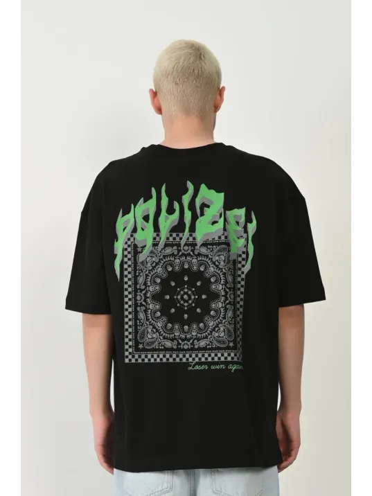 Erkek Baskılı T-shirt Kısa Kol Bisiklet Yaka Rahat Kalıp Tişört  - Siyah