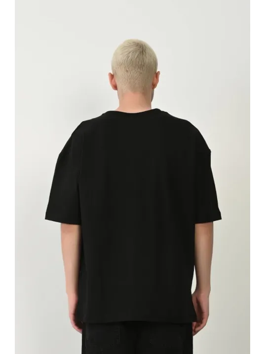 Erkek Baskılı T-shirt Kısa Kol Bisiklet Yaka Rahat Kalıp Tişört  - Siyah