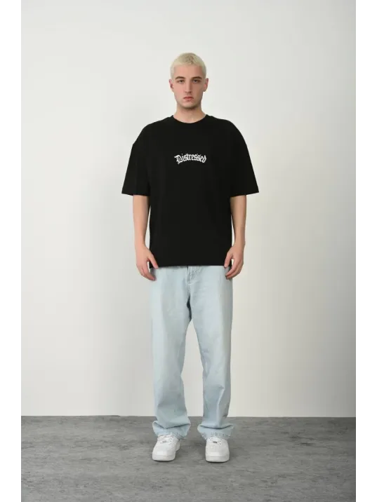 Erkek Baskılı T-shirt Kısa Kol Bisiklet Yaka Rahat Kalıp Tişört - Siyah