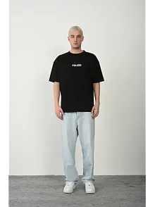 Erkek Baskılı T-shirt Kısa Kol Bisiklet Yaka Rahat Kalıp Tişört - Siyah