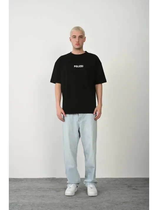 Erkek Baskılı T-shirt Kısa Kol Bisiklet Yaka Rahat Kalıp Tişört - Siyah