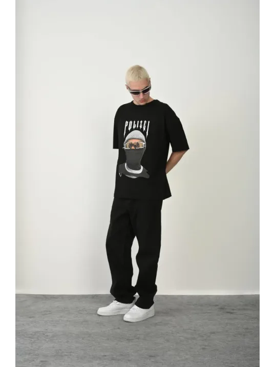 Erkek Baskılı T-shirt Kısa Kol Bisiklet Yaka Rahat Kalıp Tişört  - Siyah