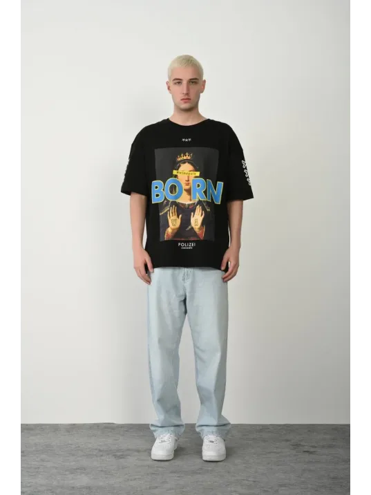 Unisex Baskılı Bisiklet Yaka Oversize T-Shirt - Siyah