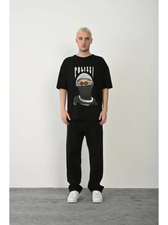 Erkek Baskılı T-shirt Kısa Kol Bisiklet Yaka Rahat Kalıp Tişört  - Siyah