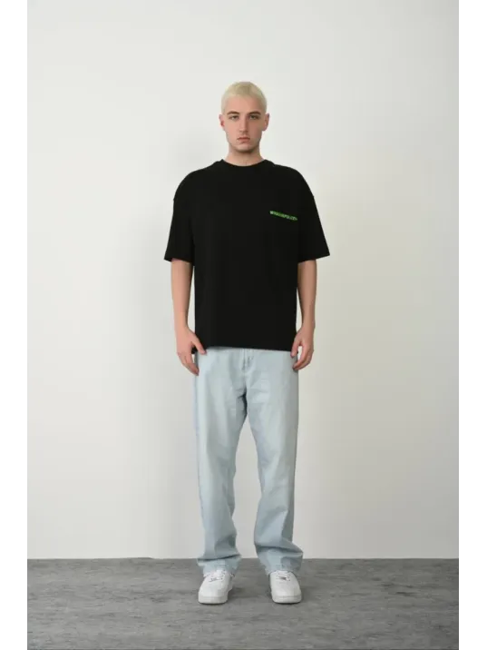 Erkek Baskılı T-shirt Kısa Kol Bisiklet Yaka Rahat Kalıp Tişört  - Siyah