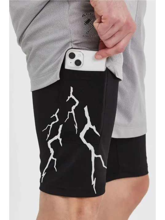 Unisex Baskılı İç Cepli Sporcu Alt Taytlı Şort - Gri Unisex Baskılı İç Cepli Sporcu Alt Taytlı Şort - Gri