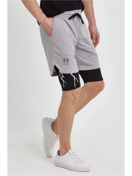 Unisex Baskılı İç Cepli Sporcu Alt Taytlı Şort - Gri Unisex Baskılı İç Cepli Sporcu Alt Taytlı Şort - Gri