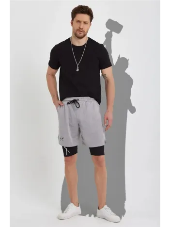 Unisex Baskılı İç Cepli Sporcu Alt Taytlı Şort - Gri Unisex Baskılı İç Cepli Sporcu Alt Taytlı Şort - Gri
