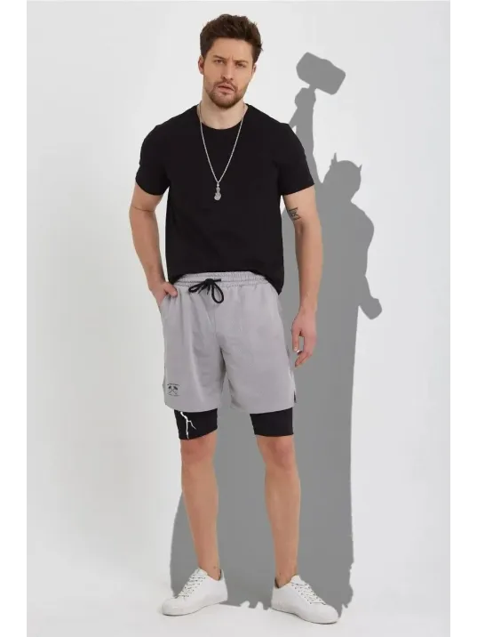 Unisex Baskılı İç Cepli Sporcu Alt Taytlı Şort - Gri Unisex Baskılı İç Cepli Sporcu Alt Taytlı Şort - Gri