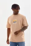 Unisex Baskılı Oversize T-shirt - Bej