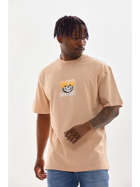 Unisex Baskılı Oversize T-shirt - Bej