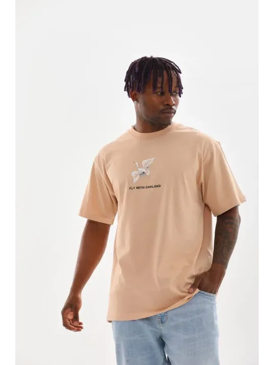 Unisex Baskılı Oversize T-Shirt - Bej