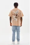 Unisex Baskılı Oversize T-shirt - Bej