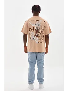 Unisex Baskılı Oversize T-shirt - Bej