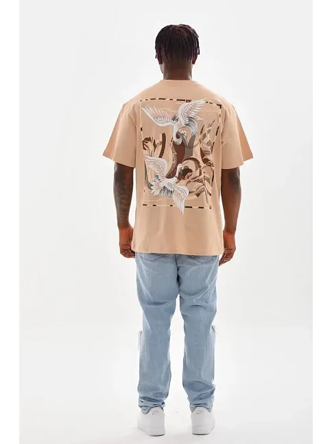 Unisex Baskılı Oversize T-shirt - Bej