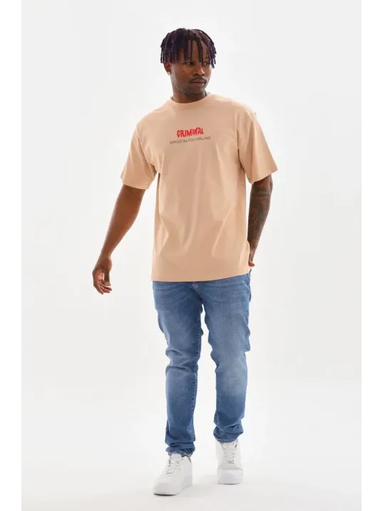 Unisex Baskılı Oversize T-Shirt - Bej