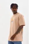 Unisex Baskılı Oversize T-shirt - Bej