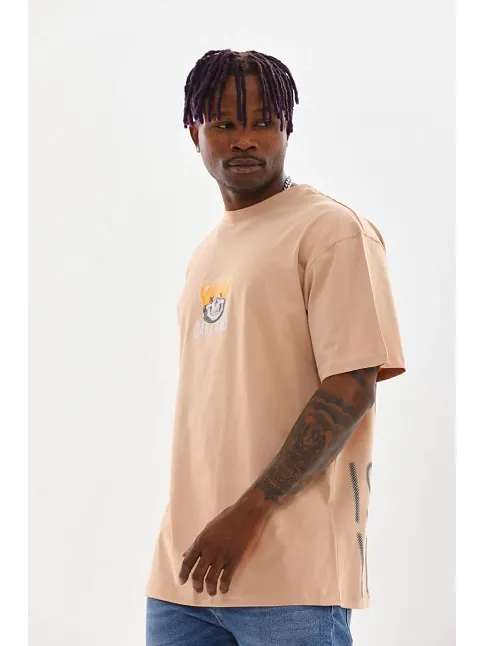 Unisex Baskılı Oversize T-shirt - Bej