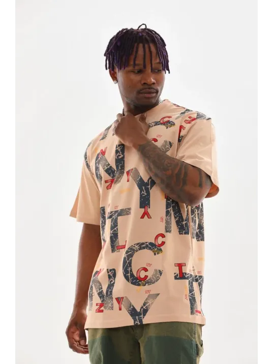 Unisex Baskılı Oversize T-Shirt - Bej