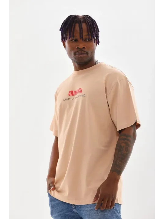 Unisex Baskılı Oversize T-Shirt - Bej