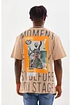 Unisex Baskılı Oversize T-shirt - Bej