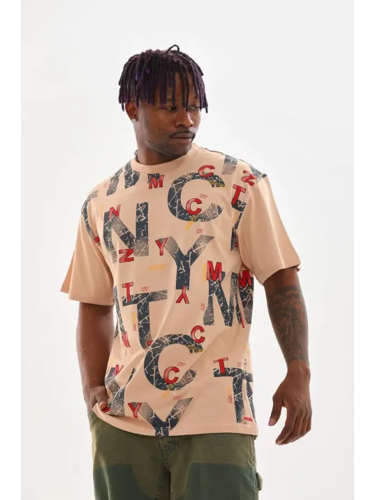 Unisex Baskılı Oversize T-Shirt - Bej