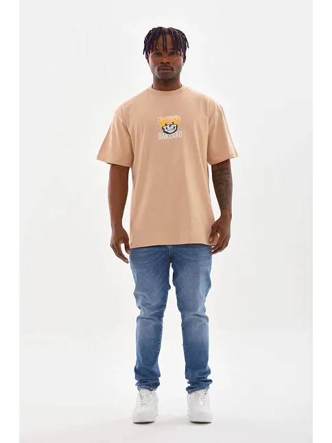 Unisex Baskılı Oversize T-shirt - Bej