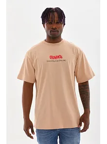 Unisex Baskılı Oversize T-shirt - Bej