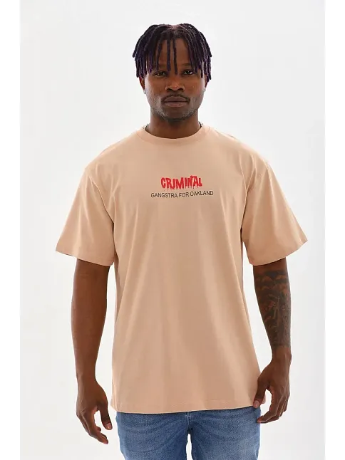 Unisex Baskılı Oversize T-shirt - Bej
