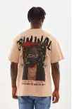 Unisex Baskılı Oversize T-shirt - Bej