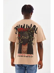 Unisex Baskılı Oversize T-shirt - Bej