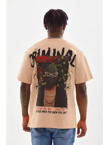 Unisex Baskılı Oversize T-Shirt - Bej